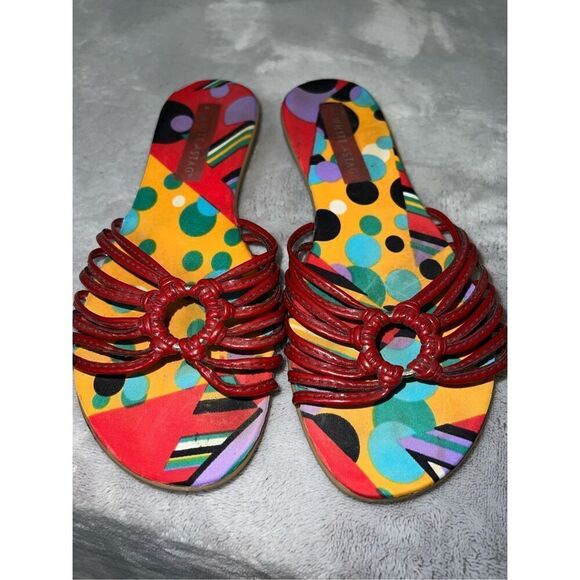 Women’s Vintage Flip Flop Flats Sandals 7 Red Strappy Flat - Picture 1 of 8